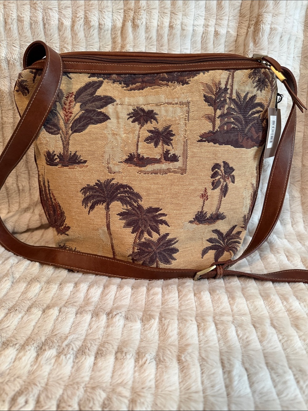 Great American Leatherworks Brown Palm-Print Tapestry Crossbody Shoulder Bag
